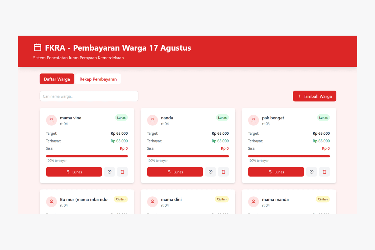 FKRA APP adalah aplikasi web yang digunakan untuk mencatat dan mengelola iuran warga dalam rangka acara 17 Agustusan. Dibuat menggunakan React dan Tailwind CSS, aplikasi ini memudahkan panitia dalam melacak pembayaran, mencatat kontribusi, dan memastikan transparansi antar warga.
