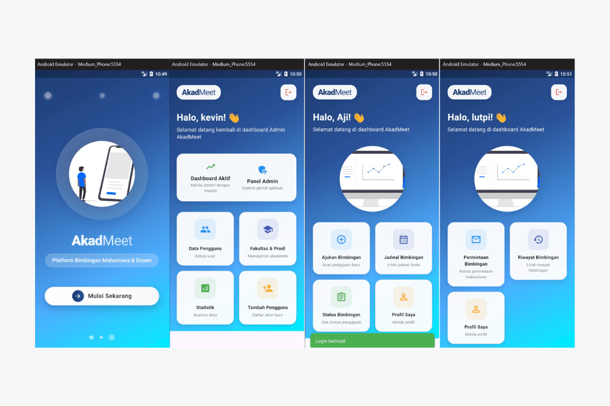 AkadMeet adalah aplikasi mobile untuk sistem bimbingan online yang memudahkan mahasiswa dan dosen dalam menjadwalkan, mengelola, dan memantau proses bimbingan secara efisien. Dibangun dengan Flutter dan Dart untuk tampilan yang responsif di berbagai perangkat, serta PHP sebagai backend yang handal.