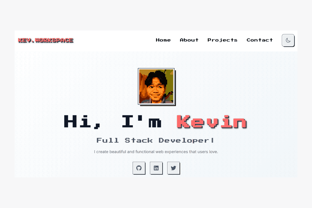 Kev.Workspace adalah website portfolio modern yang menampilkan karya, keahlian, dan pengalaman developer secara interaktif. Dibangun menggunakan React, Next.js, dan Tailwind CSS, website ini responsif, cepat, dan mudah dinavigasi. Sangat cocok sebagai representasi digital profesional untuk meningkatkan personal branding.