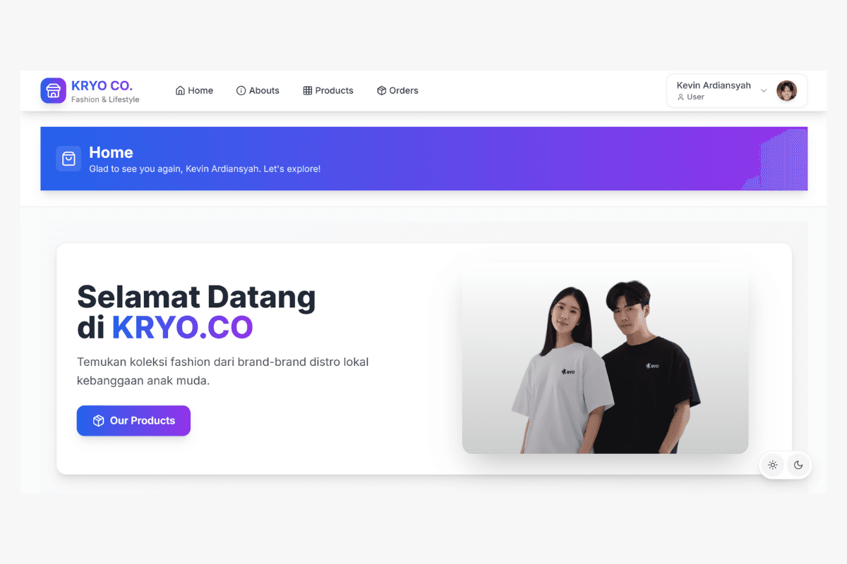Kryo.Co adalah platform e-commerce modern untuk jual beli pakaian dengan tampilan elegan dan performa cepat. Dibangun menggunakan Laravel, Blade, dan Tailwind CSS, website ini dirancang agar responsif dan mudah digunakan. Pengunjung dapat menjelajahi katalog produk, melihat detail baju, serta melakukan transaksi dengan nyaman dan aman.